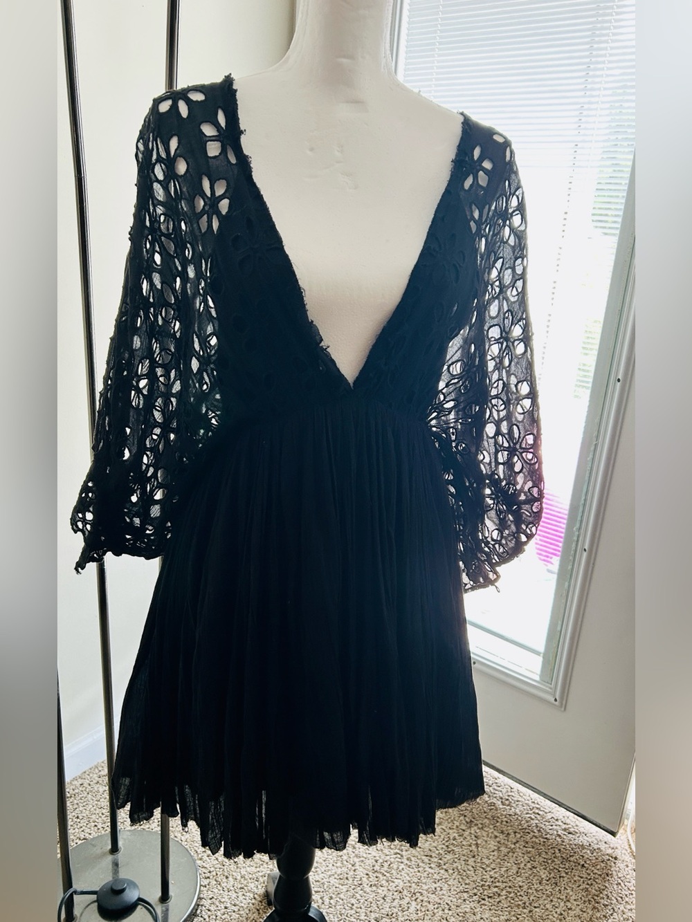 Free PeopeBlack Crochet Sleeve V-Neck Mini Dress